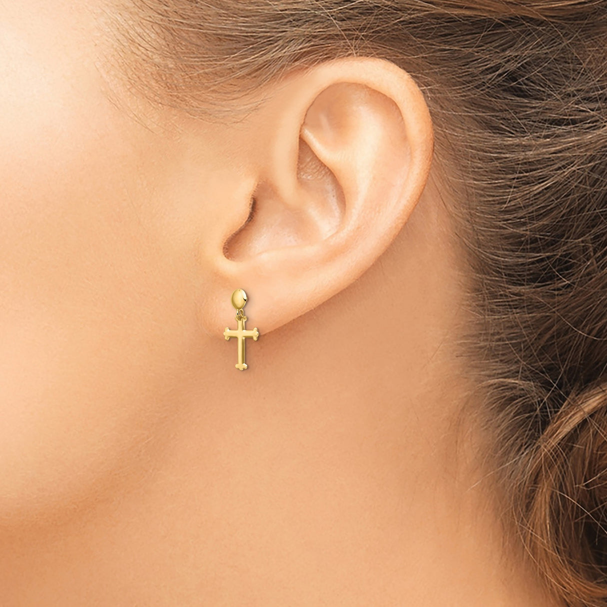 10k Yellow Gold Cross Dangle Earrings, Religious Drop Design for Men and Women