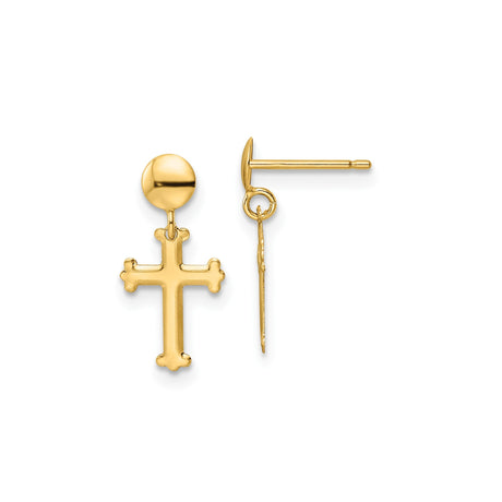 10k Yellow Gold Cross Dangle Earrings, Religious Drop Design for Men and Women
