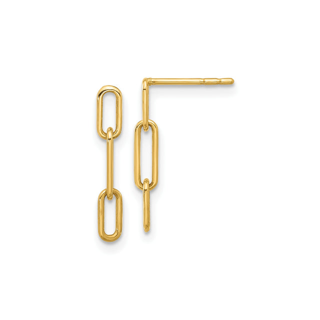 10k Yellow Gold Drop Earrings with Paperclip Chain and Elongated Oval Links, Minimalist Design