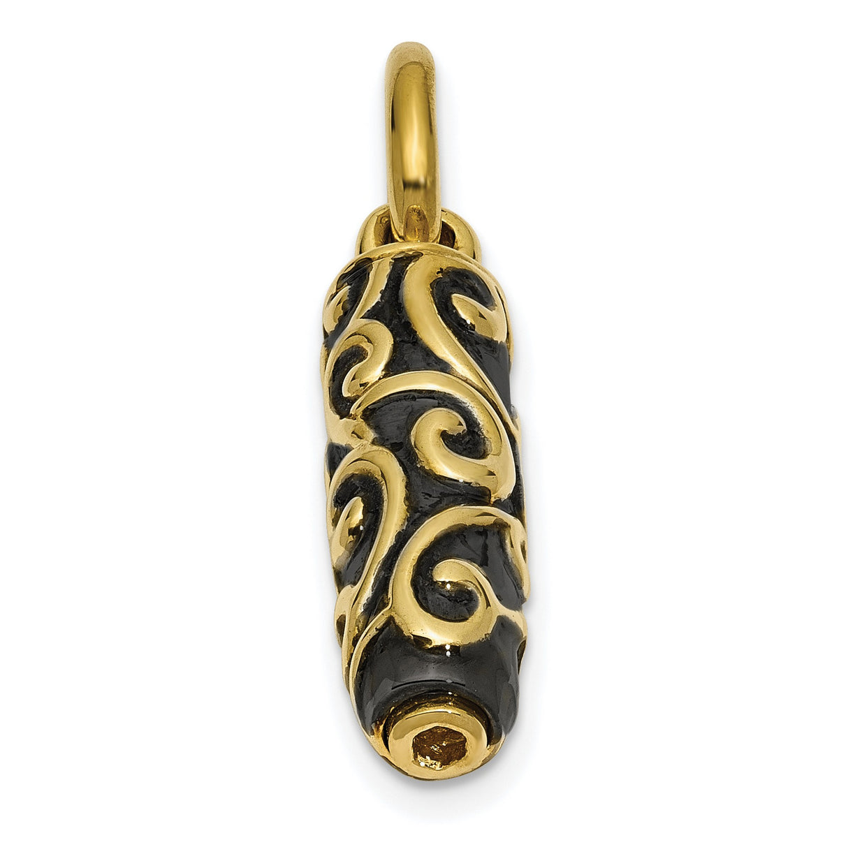 10k Yellow Gold Cylinder Pendant with Black Enamel, Vintage Scrollwork Charm
