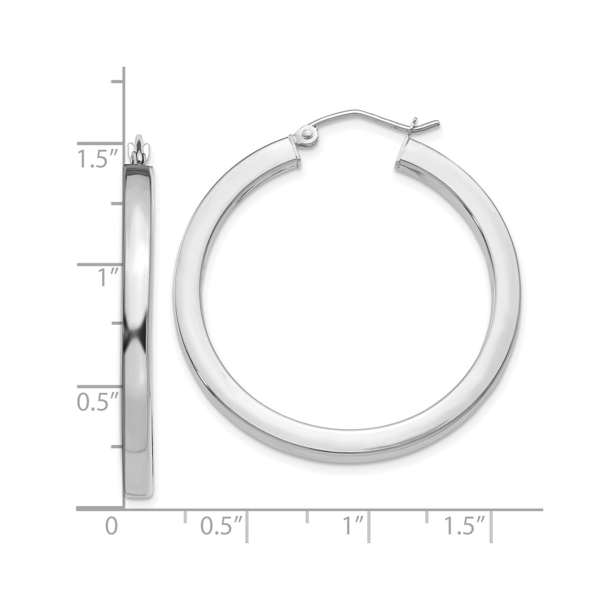 10k White Gold Hoop Earrings, Medium Round Polished Tube Style with Latch Closure