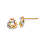 10k Tri Color Gold Love Knot Stud Earrings for Women with Intertwined Yellow White Rose Loops, Fine Jewelry Featuring Timeless Knot Design, Classic Polished Studs, Elegant Everyday Gold Earrings