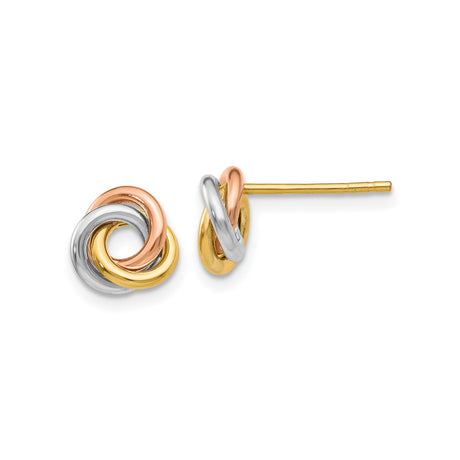 10k Tri Color Gold Love Knot Stud Earrings for Women with Intertwined Yellow White Rose Loops, Fine Jewelry Featuring Timeless Knot Design, Classic Polished Studs, Elegant Everyday Gold Earrings