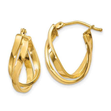 10k Yellow Gold Hoop Earrings with Twisted Polished Crossover Design for Women