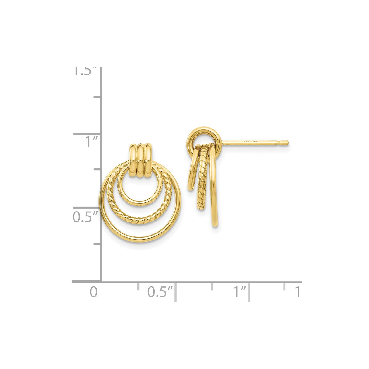 10k Yellow Gold Triple Hoop Stud Earrings with Polished and Textured Rope Style Layers