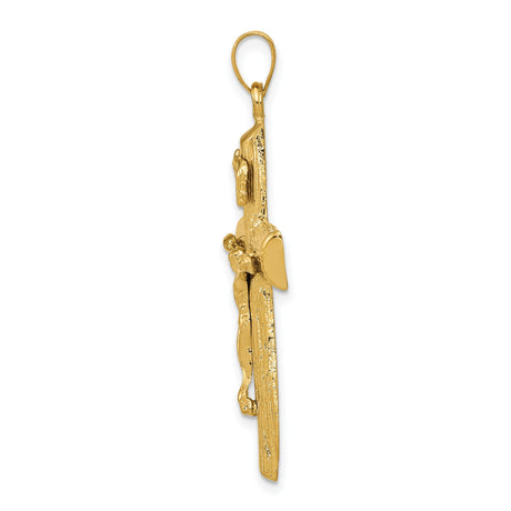 10k Yellow Gold Crucifix Cross Pendant with INRI Detail and Textured Wood Grain Design