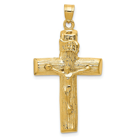 10k Yellow Gold Crucifix Cross Pendant with INRI Detail and Textured Wood Grain Design