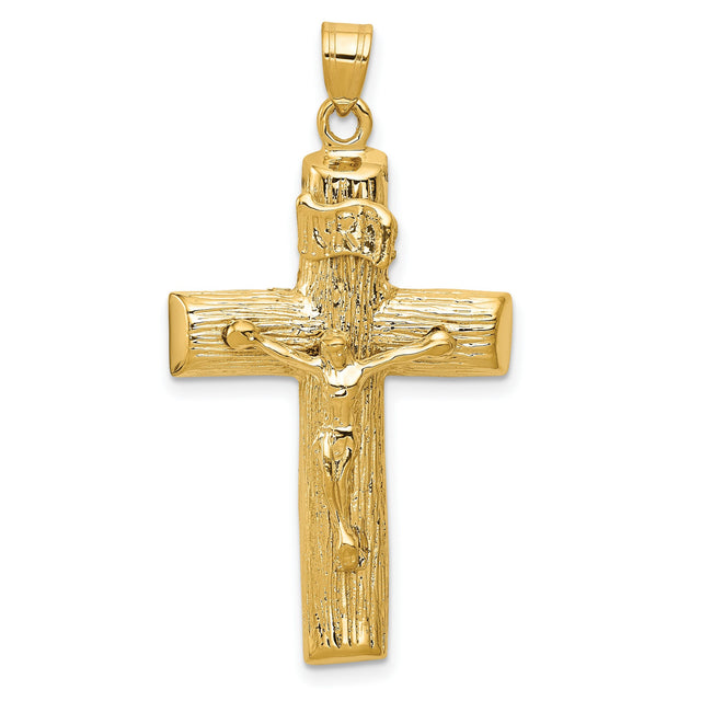 10k Yellow Gold Crucifix Cross Pendant with INRI Detail and Textured Wood Grain Design