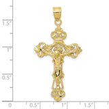 10k Yellow Gold Crucifix Pendant, Fleur de Lis INRI Jesus High Relief Christian Charm