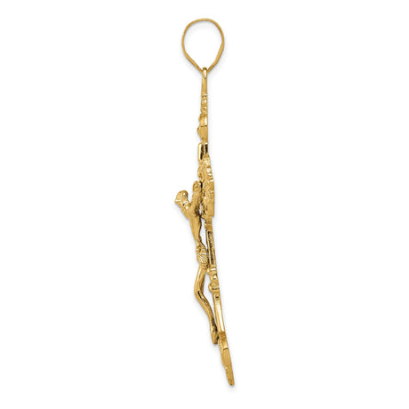 10k Yellow Gold Crucifix Cross Pendant with INRI Detail and Fleur de Lis Filigree