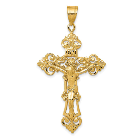 10k Yellow Gold Crucifix Cross Pendant with INRI Detail and Fleur de Lis Filigree