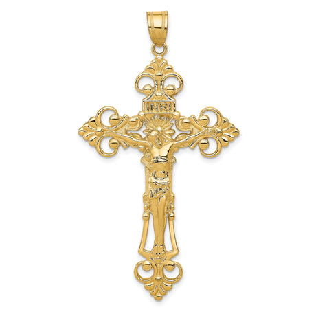 10k Yellow Gold Crucifix Pendant with INRI Jesus, Fleur de Lis and Baroque Filigree Design