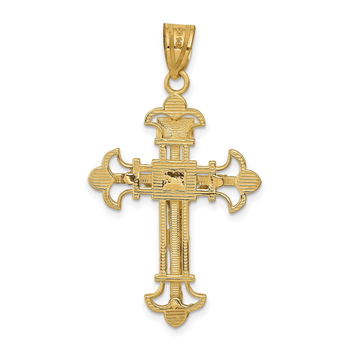 10k Yellow Gold Crucifix Pendant with Fleur de Lis Ends, INRI High Polish Christian Cross