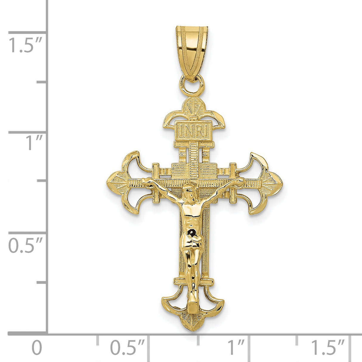 10k Yellow Gold Crucifix Pendant with Fleur de Lis Ends, INRI High Polish Christian Cross