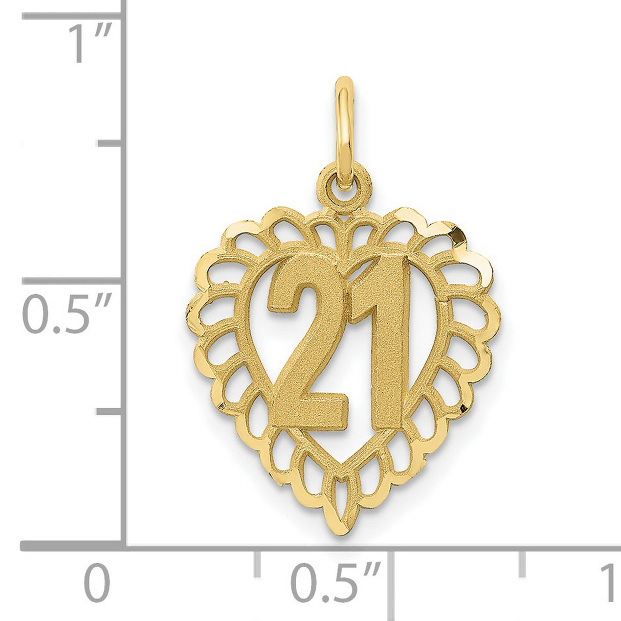 10k Yellow Gold Heart Shaped Number 21 Pendant, Filigree Border, 21st Birthday Charm for Women
