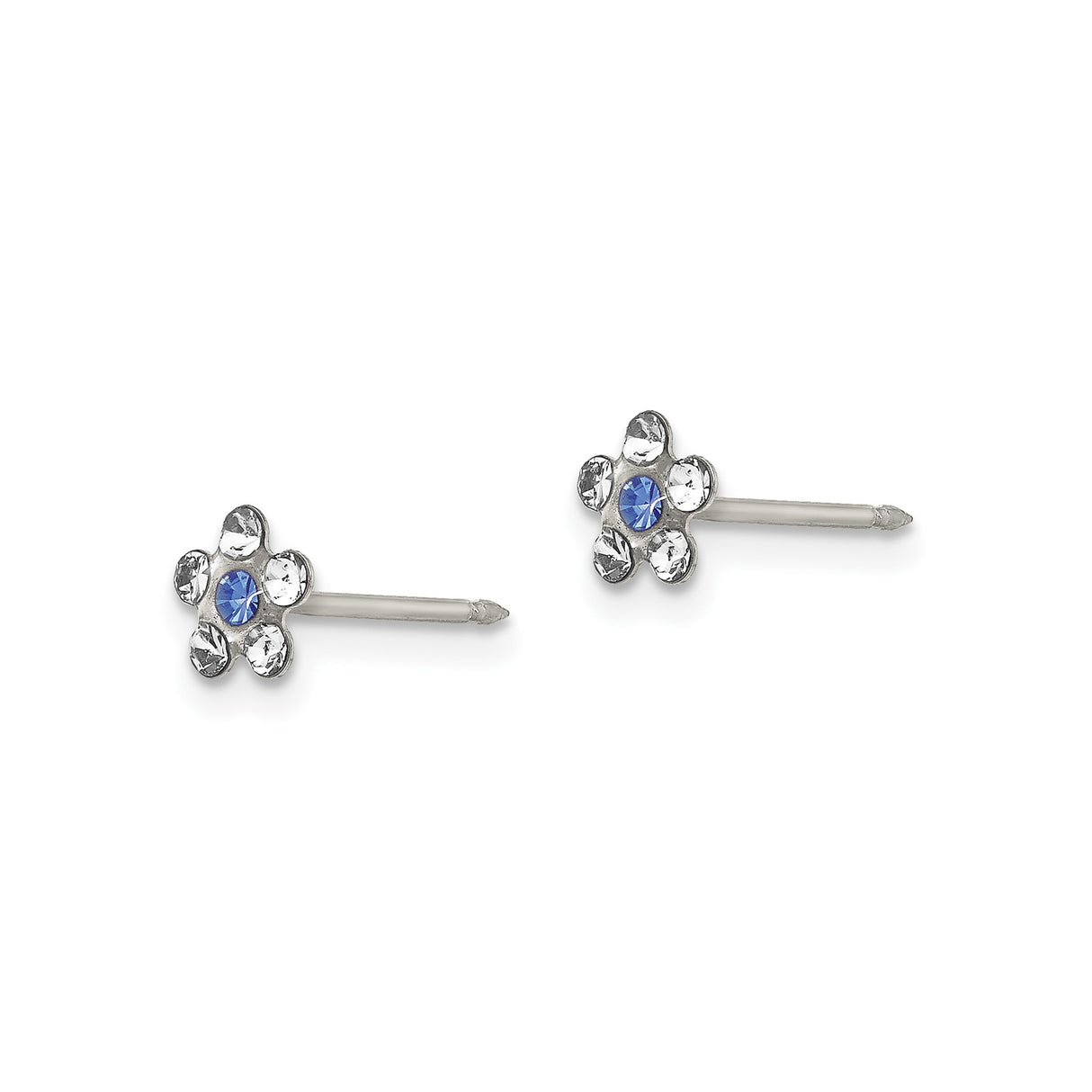Stainless Steel Stud Earrings with Blue and Clear Crystals, Floral Design, Hypoallergenic for Women