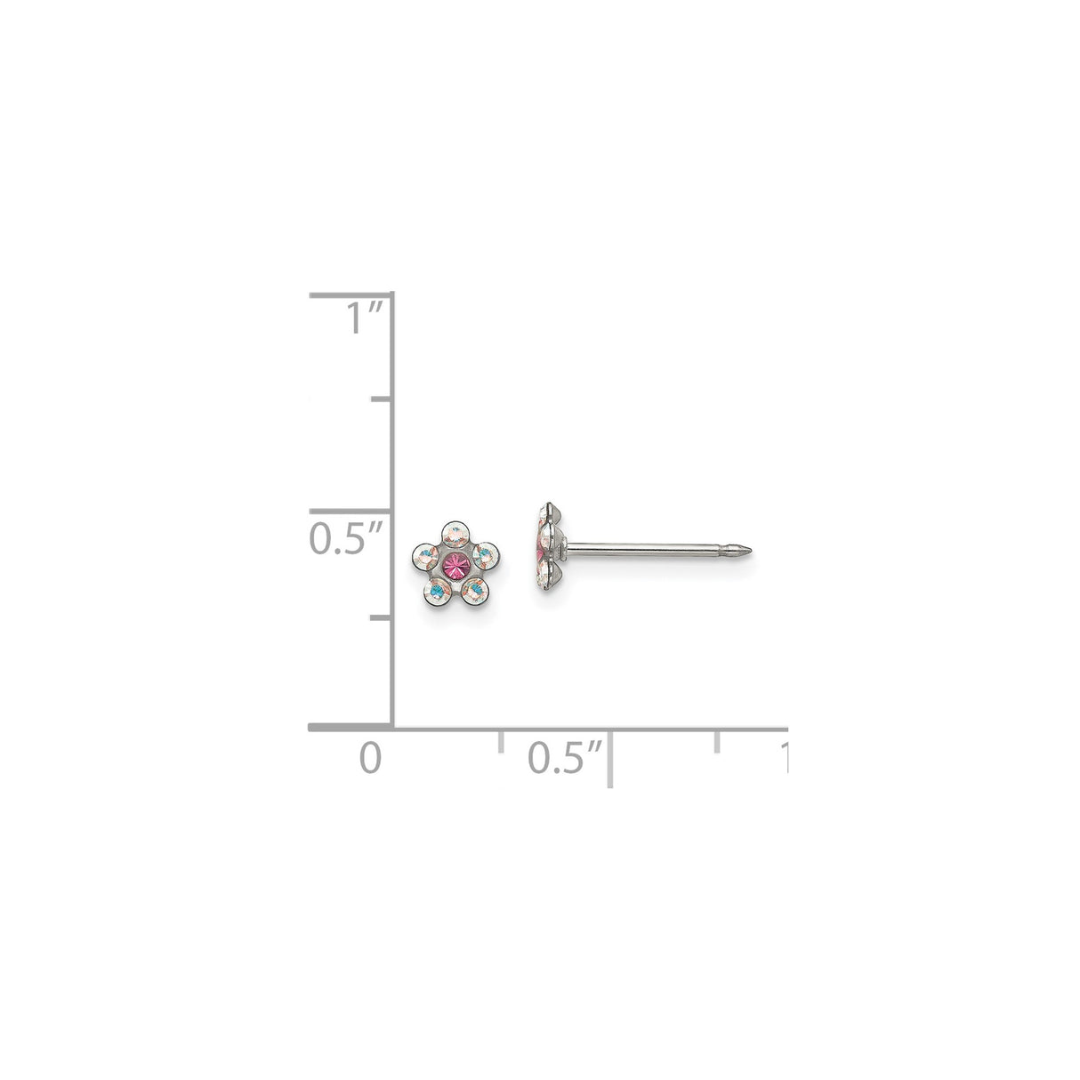 Stainless Steel Flower Stud Earrings with Pink Center Crystal and Iridescent Accents