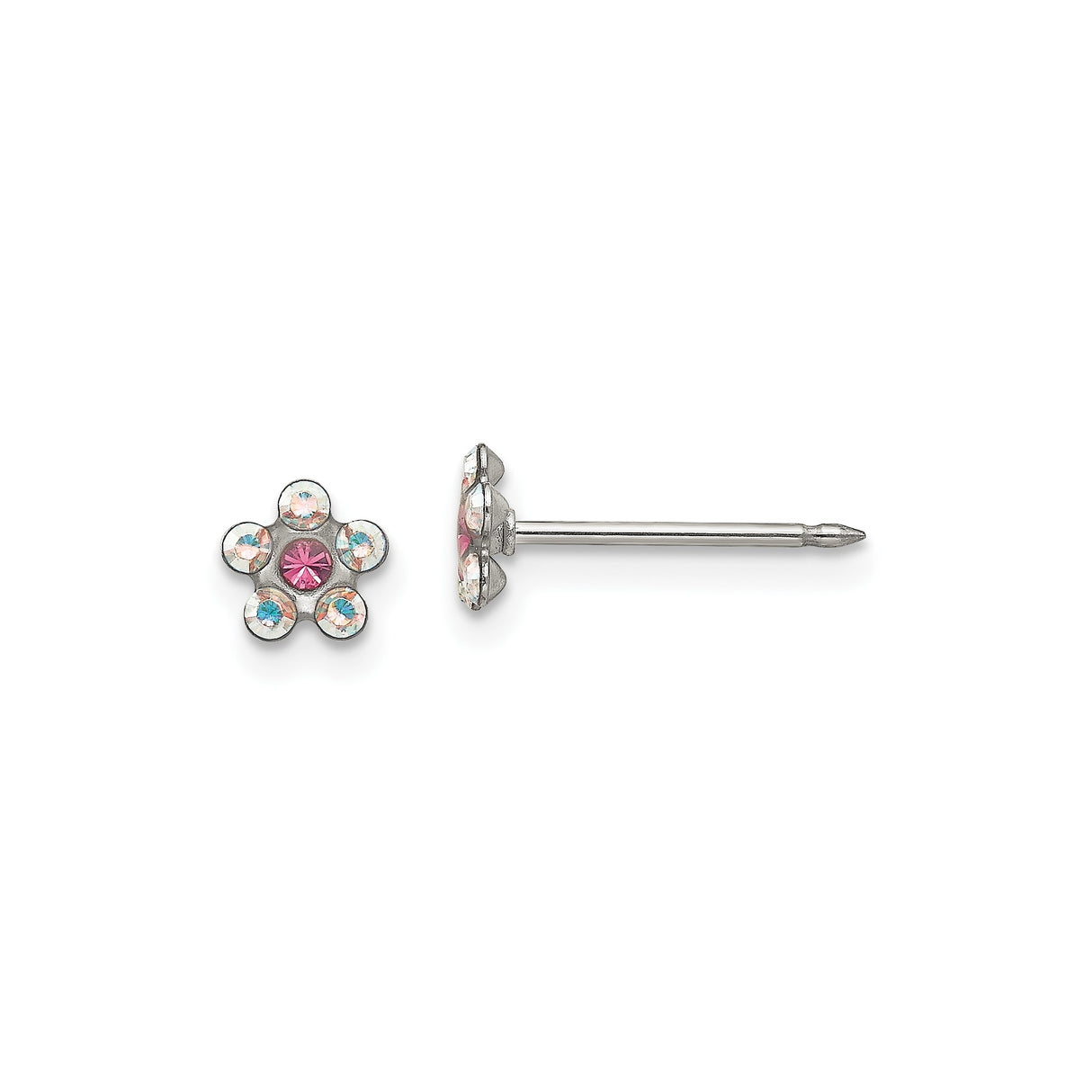 Stainless Steel Flower Stud Earrings with Pink Center Crystal and Iridescent Accents