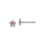Stainless Steel Flower Stud Earrings with Pink Center Crystal and Iridescent Accents