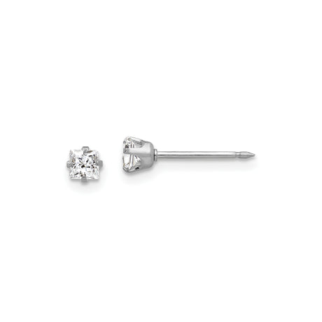 14k White Gold Stud Earrings with Princess Cut Clear Gemstones, Classic Minimalist Design for Women