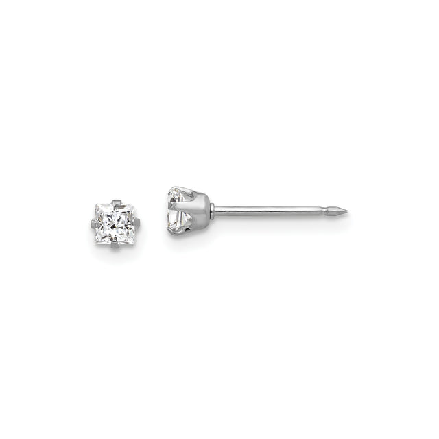 14k White Gold Stud Earrings with Princess Cut Clear Gemstones, Classic Minimalist Design for Women