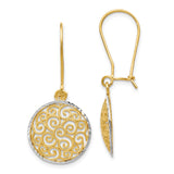 14k Two Tone Gold Dangle Earrings with Openwork Swirl Filigree Round Disc Design