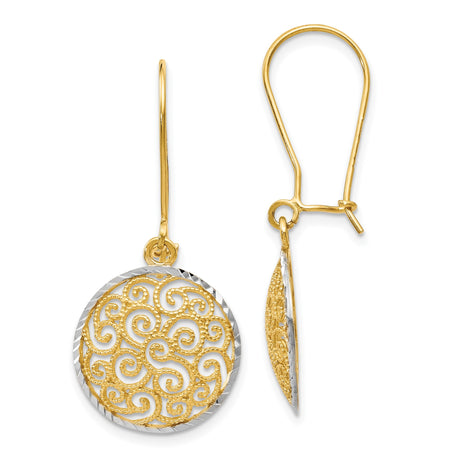 14k Two Tone Gold Dangle Earrings with Openwork Swirl Filigree Round Disc Design