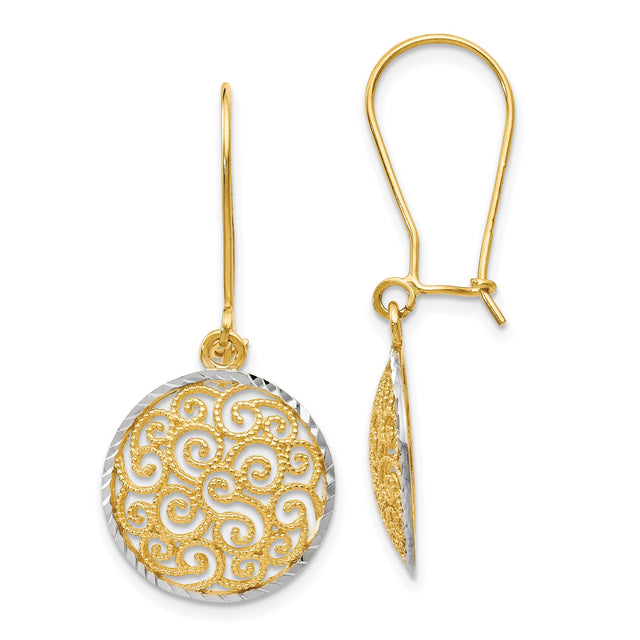 14k Two Tone Gold Dangle Earrings with Openwork Swirl Filigree Round Disc Design