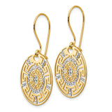 14k Yellow Gold Drop Earrings, Two-Tone Round Medallion with Greek Key and Geometric Design