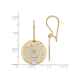 14k Yellow Gold Drop Earrings, Two-Tone Round Medallion with Greek Key and Geometric Design