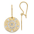 14k Yellow Gold Drop Earrings, Two-Tone Round Medallion with Greek Key and Geometric Design