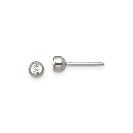 Titanium Stud Earrings with Round Bezel Set Clear Gemstone, Hypoallergenic Unisex Jewelry