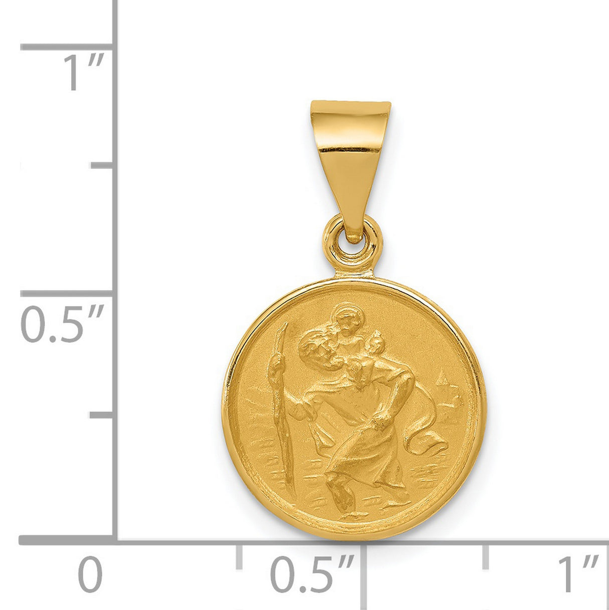 Satin Saint Christopher Figure Round Medal Charm Pendant in Real 18k Yellow Gold