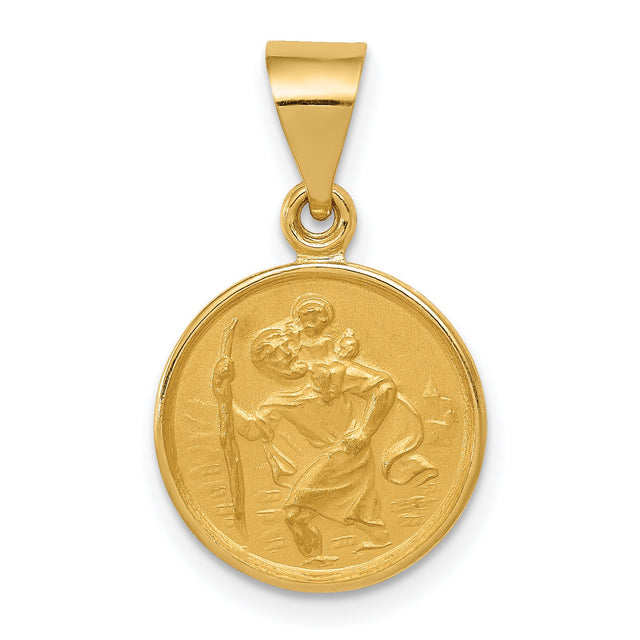 Satin Saint Christopher Figure Round Medal Charm Pendant in Real 18k Yellow Gold