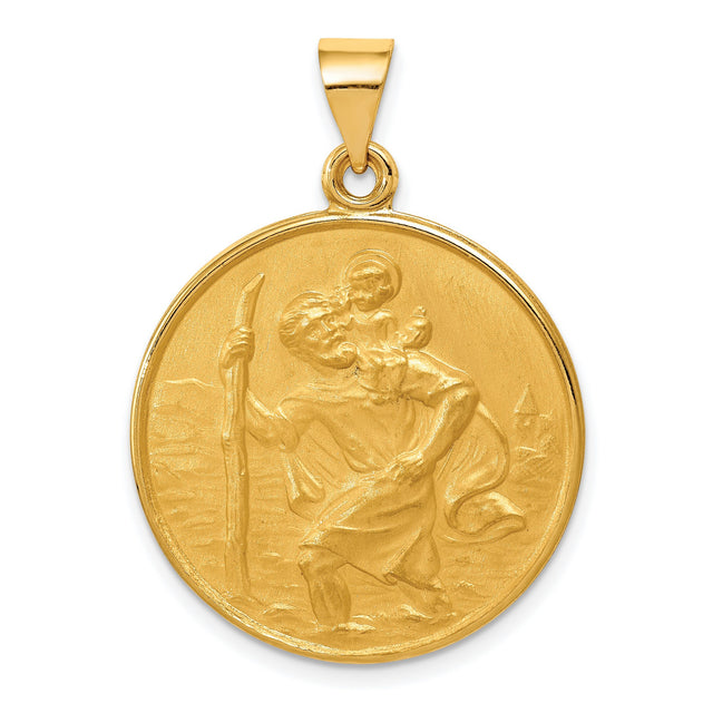 Satin Saint Christopher Figure Round Medal Charm Pendant in Real 18k Yellow Gold