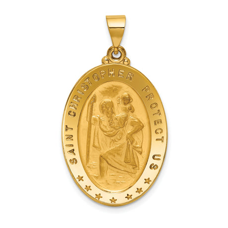 Solid Saint Christopher Protect Us Words Oval Medal Charm Pendant in Real 18k Yellow Gold