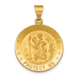 Solid Saint Christopher Protect Us Words Round Medal Charm Pendant in Real 18k Yellow Gold