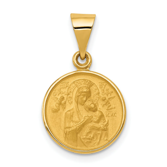 Our Lady of Perpetual Help Pray For Us Words Round Charm Pendant in Real 18k Yellow Gold