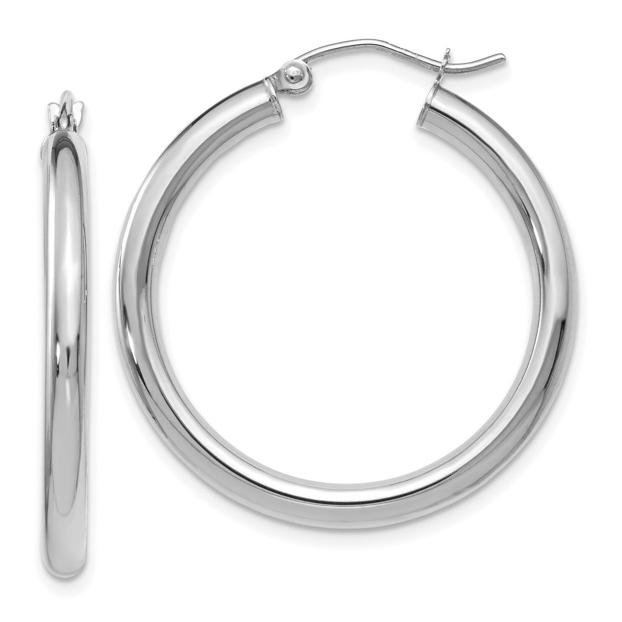 14k White Gold Hoop Earrings, Classic Polished Round Hoops, Minimalist Everyday Design