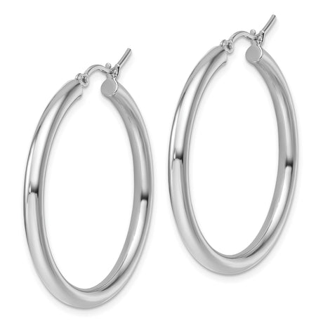 14k White Gold Hoop Earrings, Classic Round High-Polish Design, Lightweight Everyday Jewelry