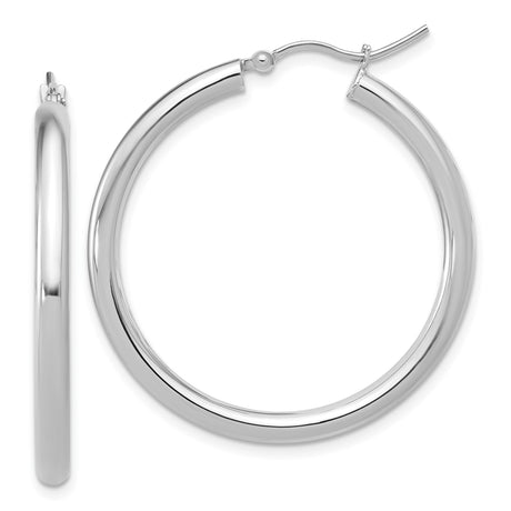14k White Gold Hoop Earrings, Classic Round High-Polish Design, Lightweight Everyday Jewelry