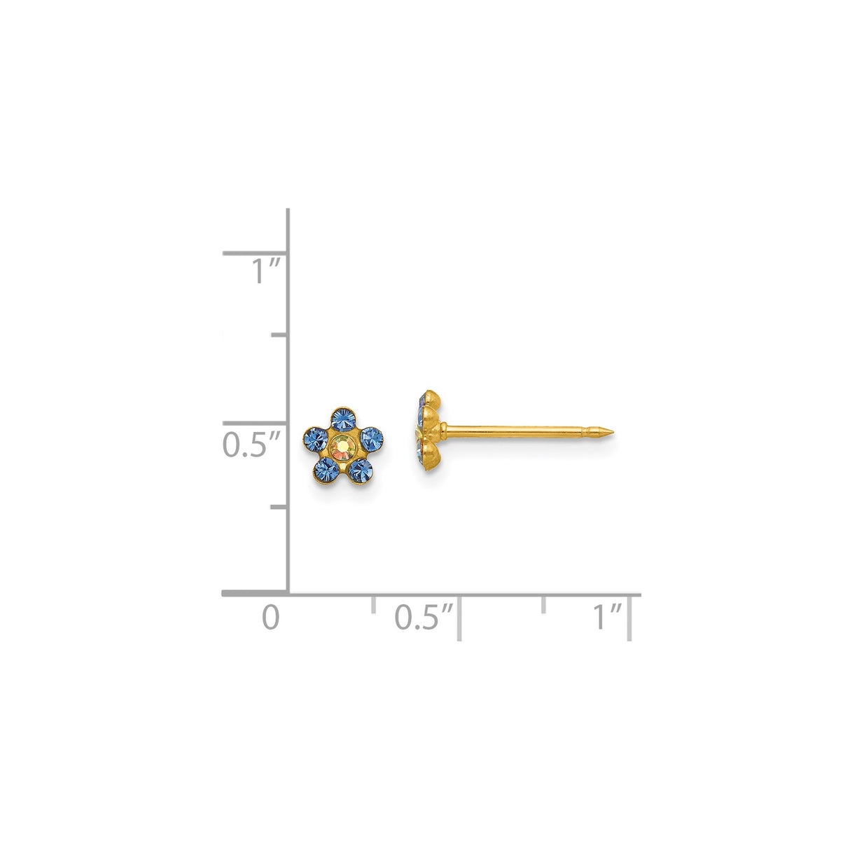 14k Yellow Gold Flower Stud Earrings with Blue and Iridescent Crystals, Dainty Floral Design