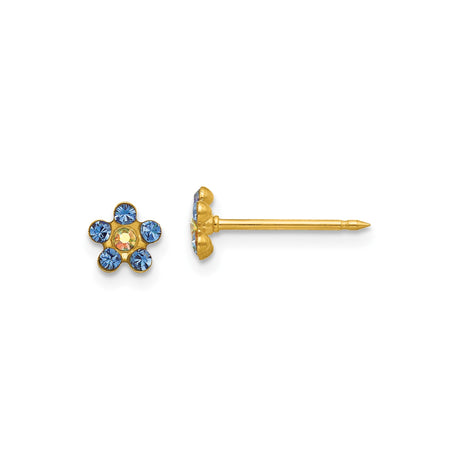 14k Yellow Gold Flower Stud Earrings with Blue and Iridescent Crystals, Dainty Floral Design