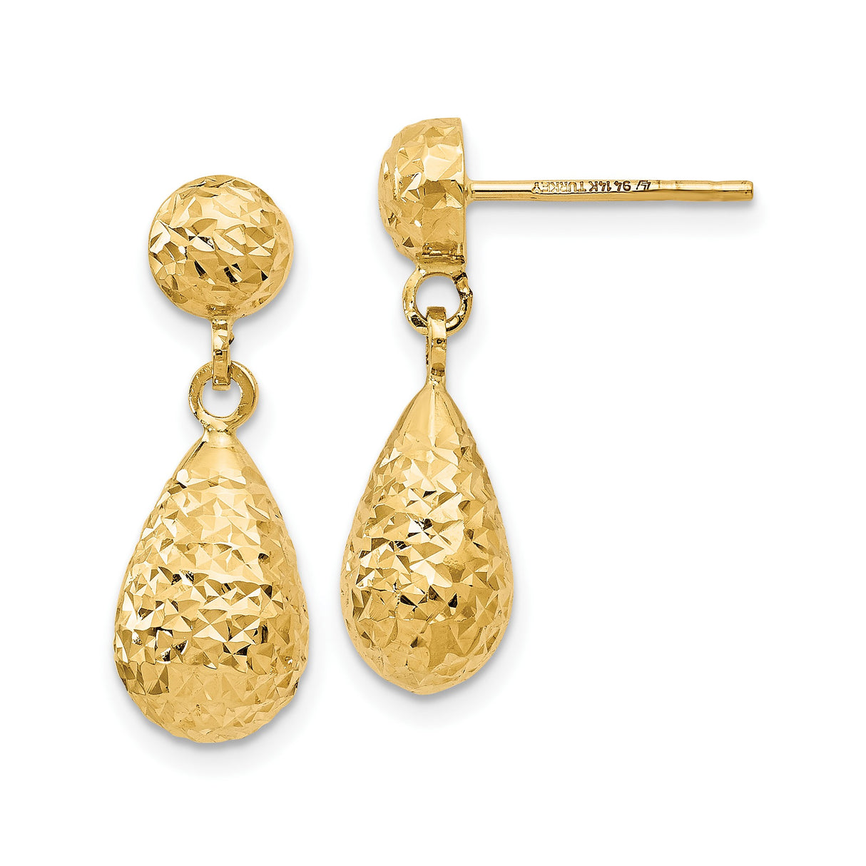 14k Yellow Gold Dangle Earrings with Faceted Teardrop Design and Textured Finish
