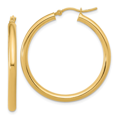 14k Yellow Gold Hoop Earrings, Classic Round Polished Design, Thin Medium Hoops for Women