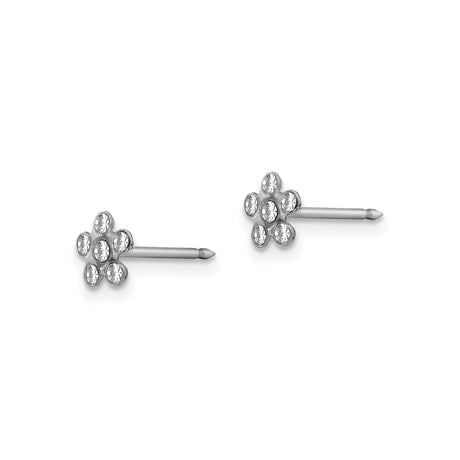 14k White Gold Flower Stud Earrings with Round Clear Gemstones, Dainty Floral Design