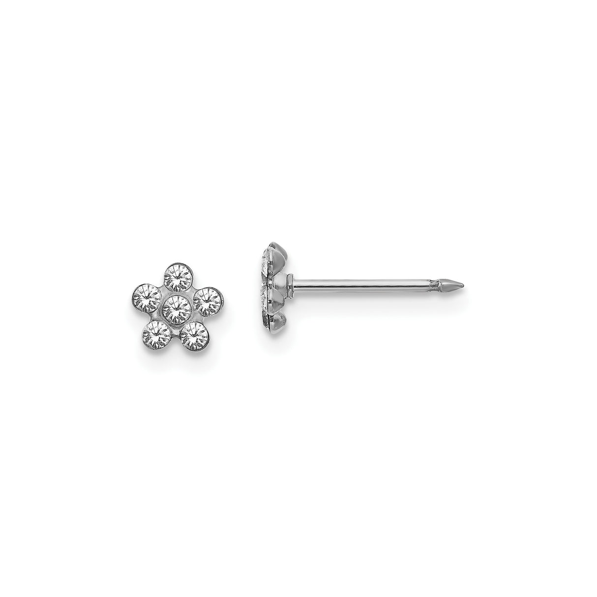 14k White Gold Flower Stud Earrings with Round Clear Gemstones, Dainty Floral Design