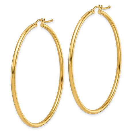 14k Yellow Gold Hoop Earrings, Large Smooth Polished Round Hoops with Latch Back Closure