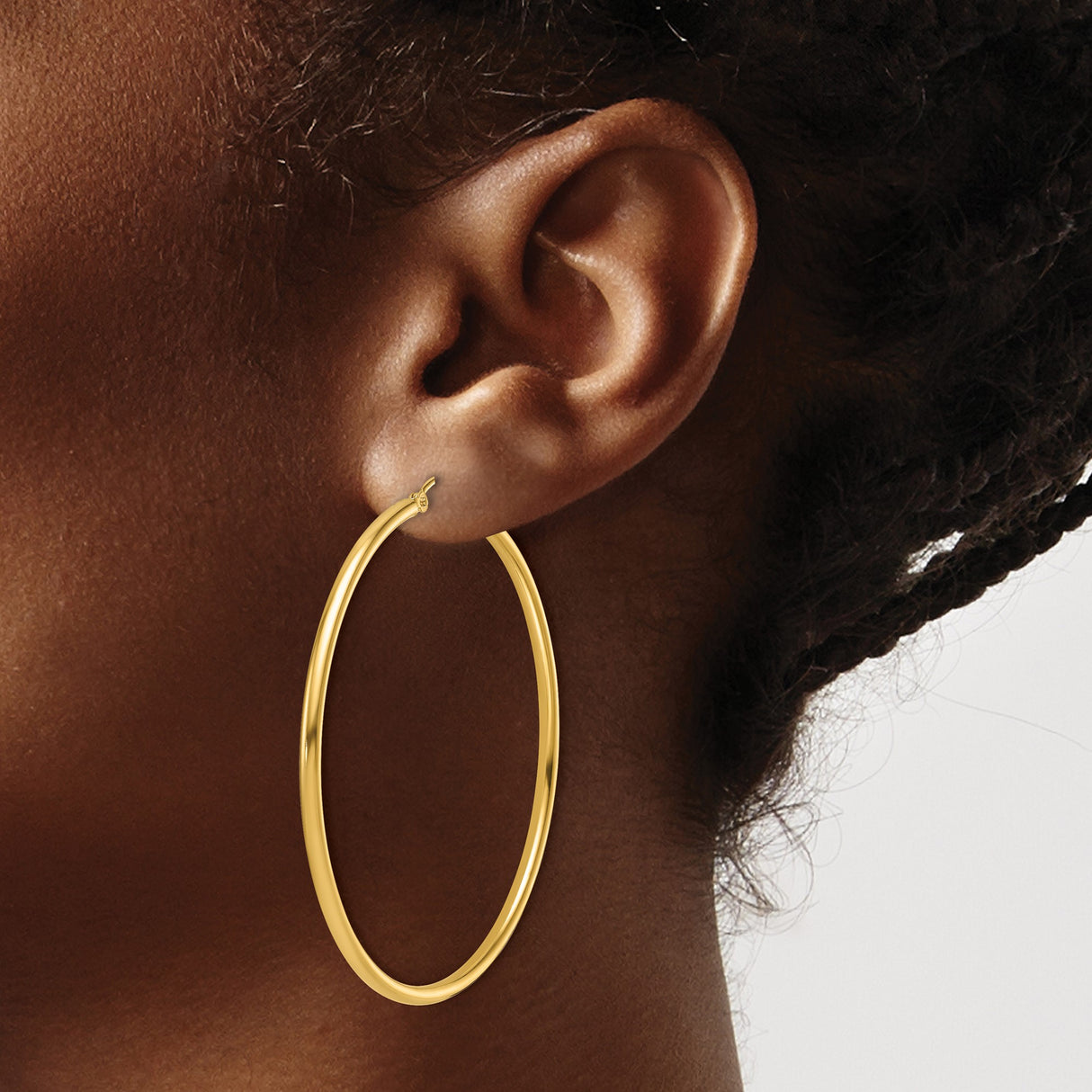 14k Yellow Gold Hoop Earrings, Large Smooth Polished Round Hoops with Latch Back Closure
