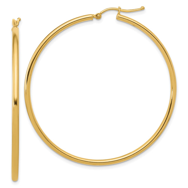 14k Yellow Gold Hoop Earrings, Large Smooth Polished Round Hoops with Latch Back Closure